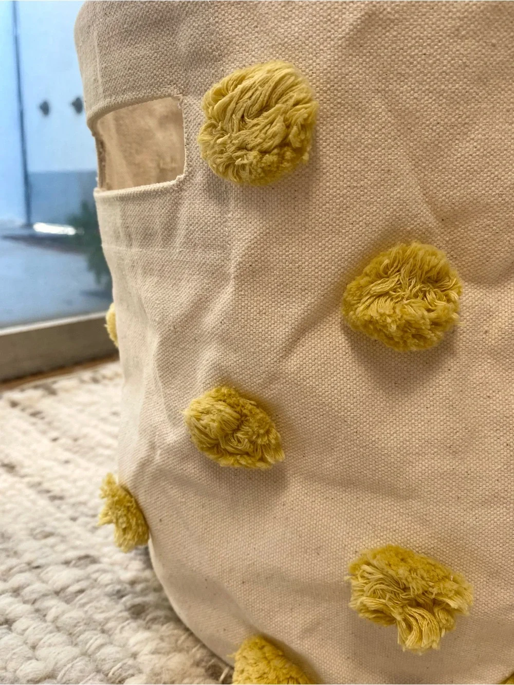 Pehr Pom Pom Yellow Cotton Storage Basket Bin Natural Dijon, Size Medium